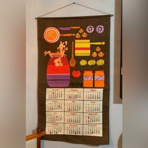 1974 Cloth/Fabric Calender Brown Colorful Accents Mushrooms Tomatoes Onions Etc
